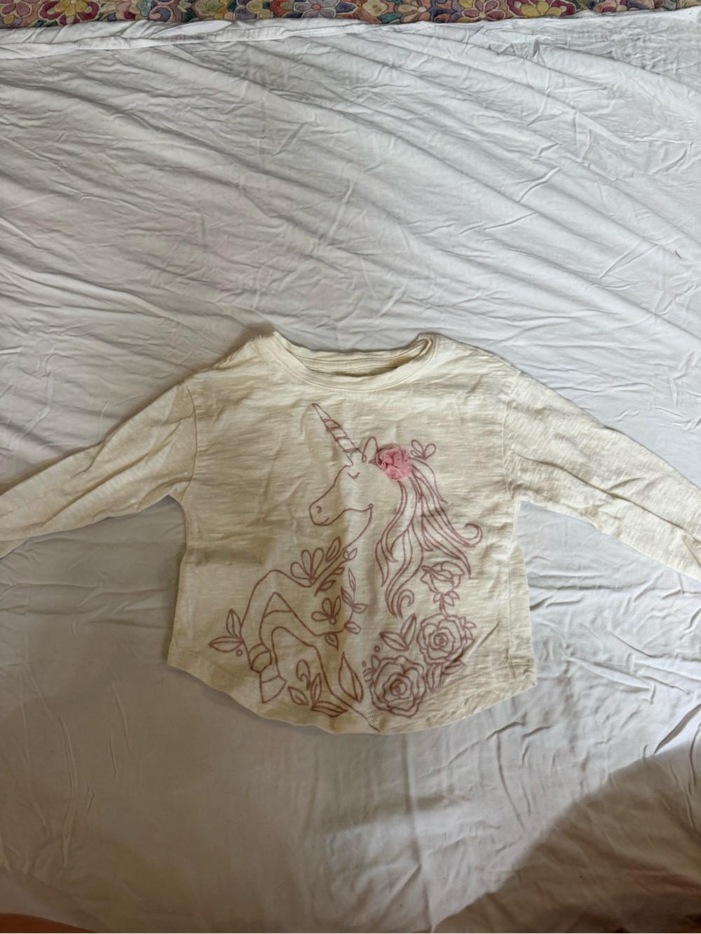 GAP Cream Long-Sleeve Top with Pink Unicorn Graphic
